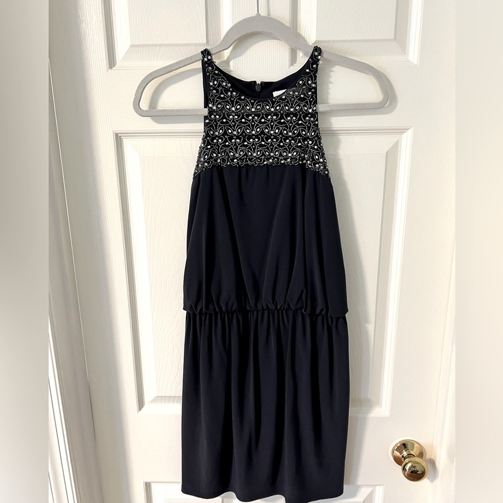 Navy Semi Formal Dress - High Neck with Embroidery
